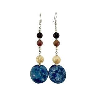 Natural Stone Boho Neutrals Beaded Upcycled Handmade Dangle 3.5" Earrings